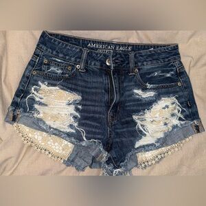 American Eagle Outfitters Dark Blue Distressed Hi-Rise Festival Shorts